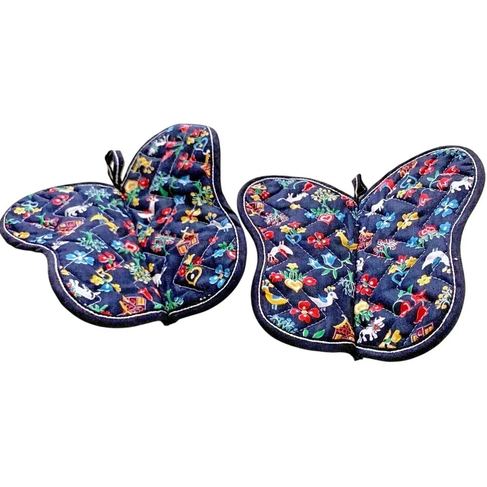 1950s Hot Pads 2 Scandinavian Penn Dutch Folk Art Print Butterfly Quilted NOS